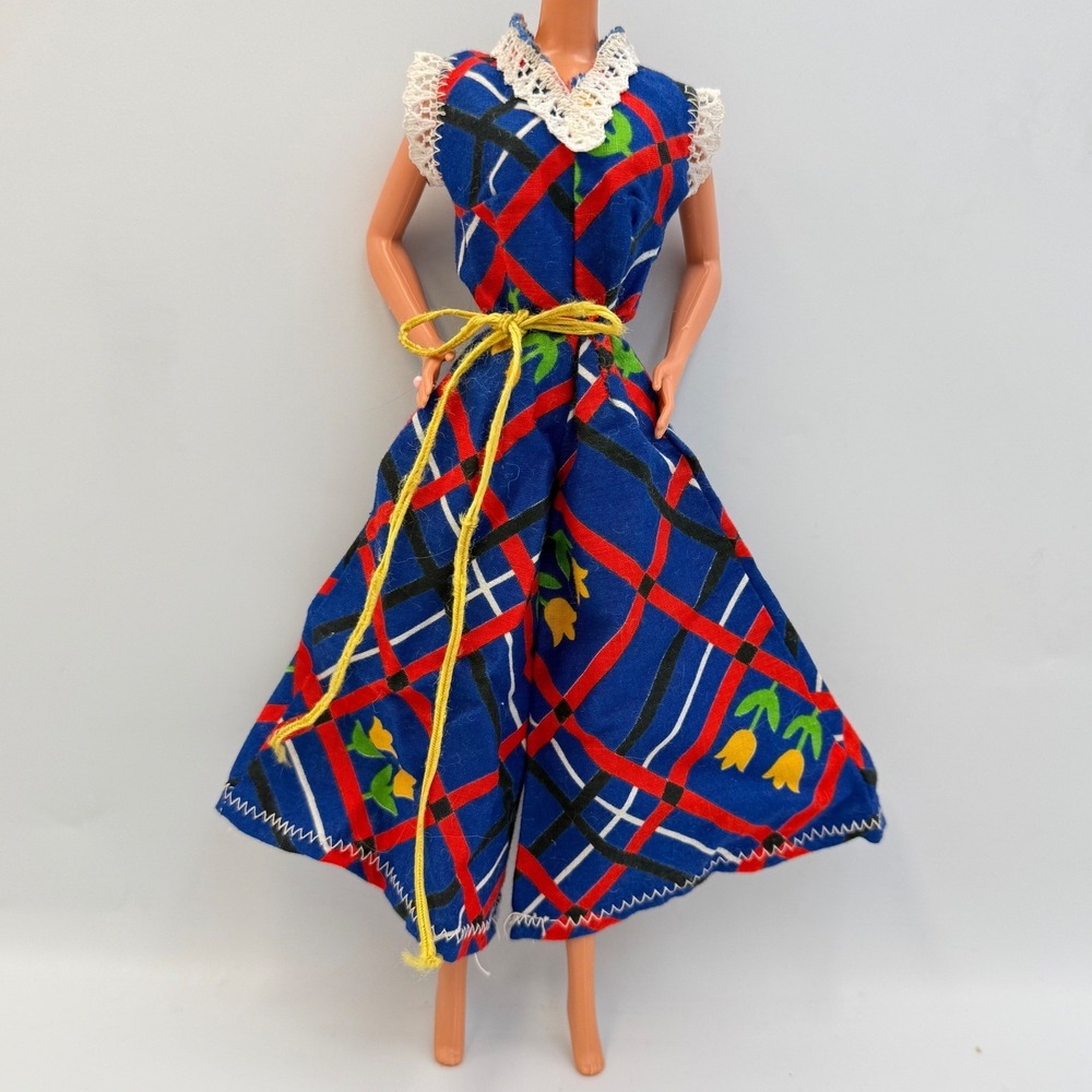 Handmade Vintage Barbie Sized Romper Blue Plaid Floral Wide Flare Legs Lace Trim